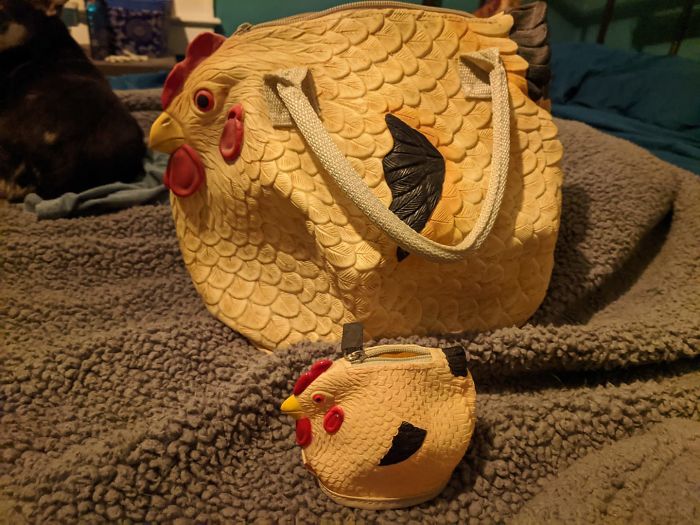 There's Been A Bit Of Talk About The Chicken Purse Lately. Behold! The Matching Chicken Coin Purse! These Were Found By My Son At Two Different Thrift Stores In Columbus Ohio. Edit: The Chicken Isn't Yellow. It Was Late, The Lighting Was Weird, And I Didn't Notice