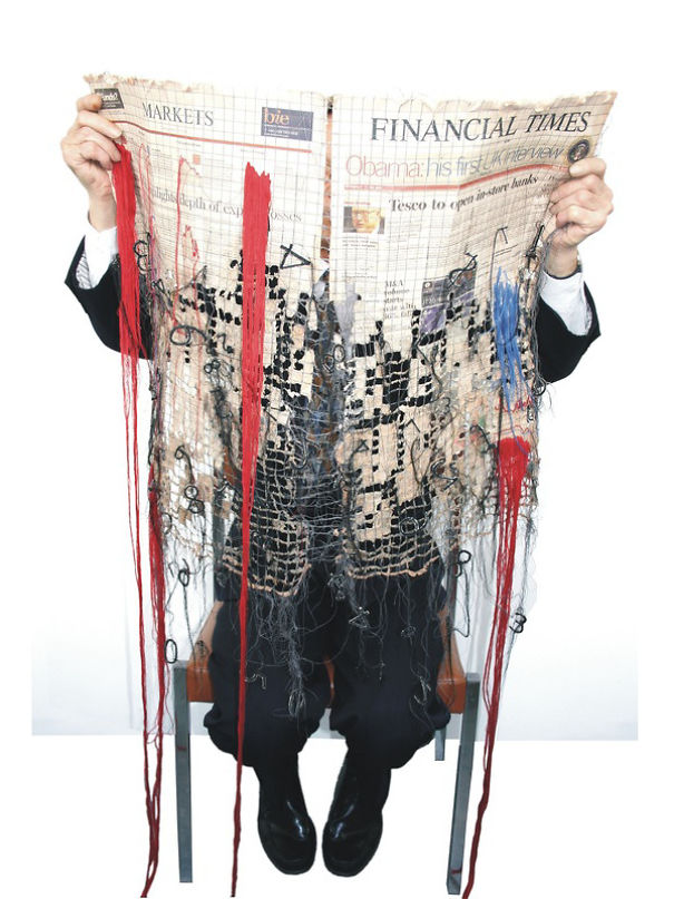 'losses' - Kirsty Whitlock Embroidered A Financial Times From 2009 Using Recycled Materials