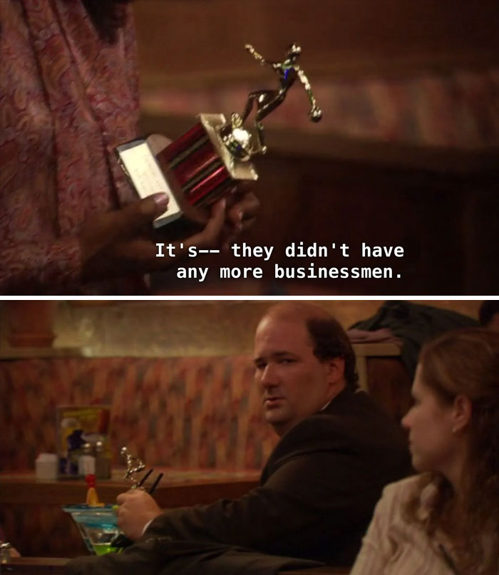 In The Dundies Episode From The Second Season, Michael Mentions That He Ran Out Of Businessman Trophies. We Later See That Kevin's "Don't Go In There After Me" Award Is A Squatting Man