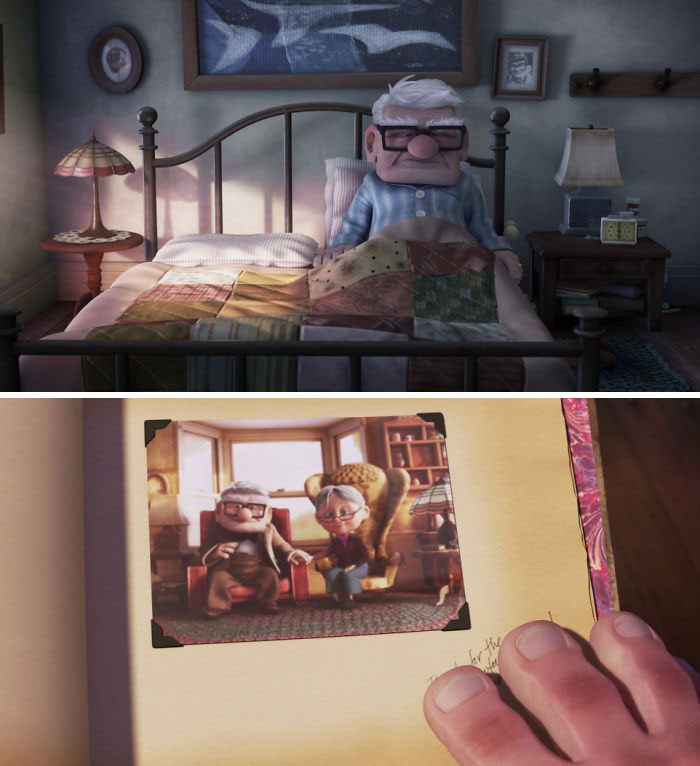 In "Up" (2009), Ellie's Things Are Rounded While Carl's Things Are Square, Matching Their Respective Character Designs