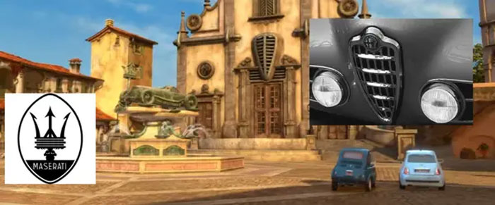 In Cars 2 (2011), There Are Multiple References To Italian Cars In The Italian Village That Lightning Mcqueen Visits. The Maserati Trident Is On The Fountain Statue, And The Old Alfa Romeo Grille Is On The Church