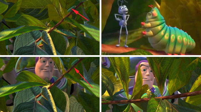 In Toy Story 2 "Bloopers", There Is A Bit With Flik And Heimlich, During A Scene Where Buzz And The Gang Cuts Through A Bush. In The Actual Movie, In That Scene, A Small Caterpillar (The Same Colour As Heimlich) Can Be Seen On The Plant