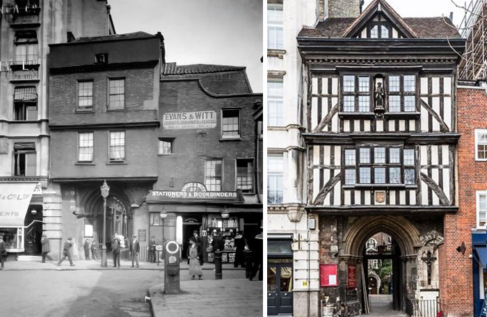 The Changing Face Of St Bartholomew-The-Great's Gatehouse In Smithfield, Which Was Built In 1595 And Some Point Bricked Over. It Was Bombed During A Ww1 Zeppelin Raid Knocking Off Some Bricks Revealing Its Tudor Half-Timbered Facade. It Was Restored To How It Looks Today. 1916 vs. Now