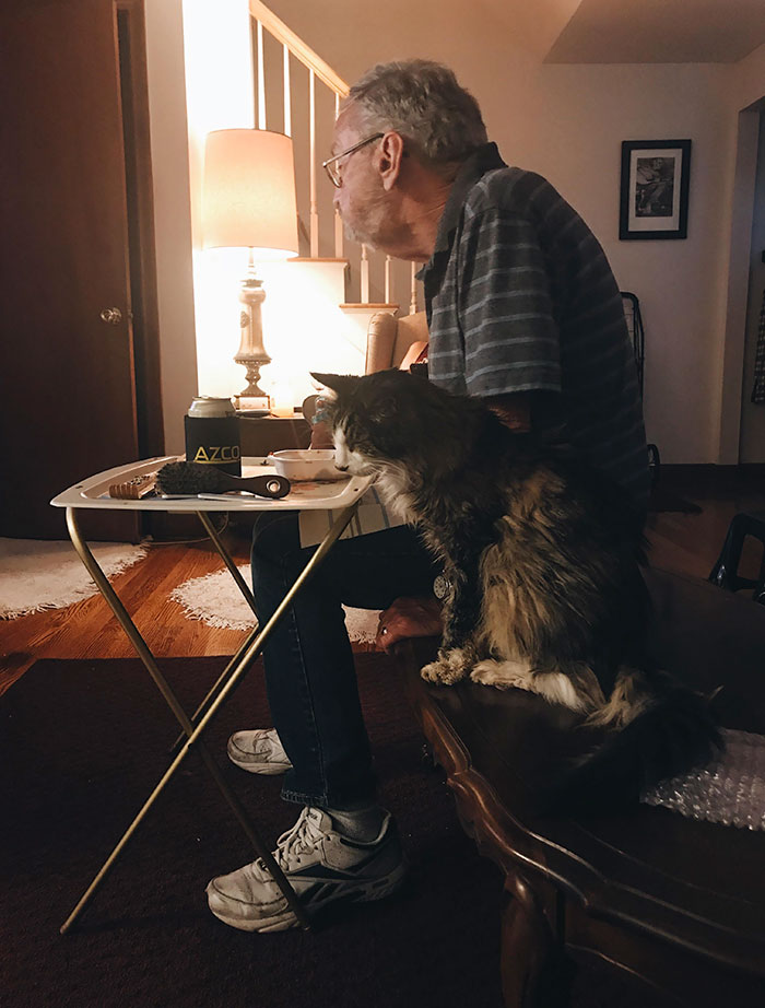 Mi abuelo y su gato de 20 años, Elvis. "Solo somos dos viejos pasando el rato juntos"