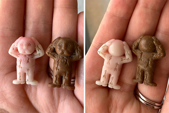 Small Plastic Figurines Found Buried In Backyard. 1” Mustachioed Bald Men With Hands On Head, Printed With Arrows. (Ca, USA)