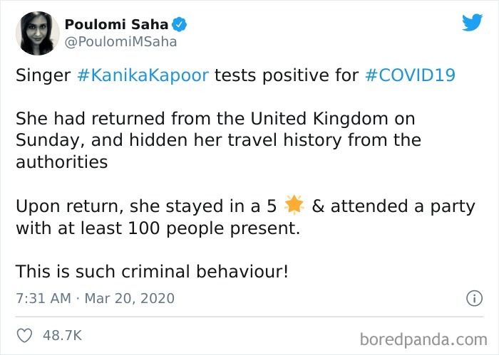 So This Pos Average Bollywood Singer Sneaked Out Of The Airport Upon Her Visit From The UK So That She Wouldn't Be Quarantined, Threw A Huge Party And Now She's Tested Positive For The Virus. Covid-19 More Than Anything Has Exposed Stupid People Like Her, Evangeline Lilly And Those Panic Buyers
