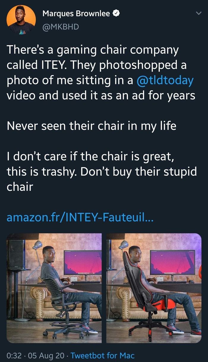 Youtuber Mkbhd Calls Out Chair Company, That Photoshopped Him On Their Ad Against His Will