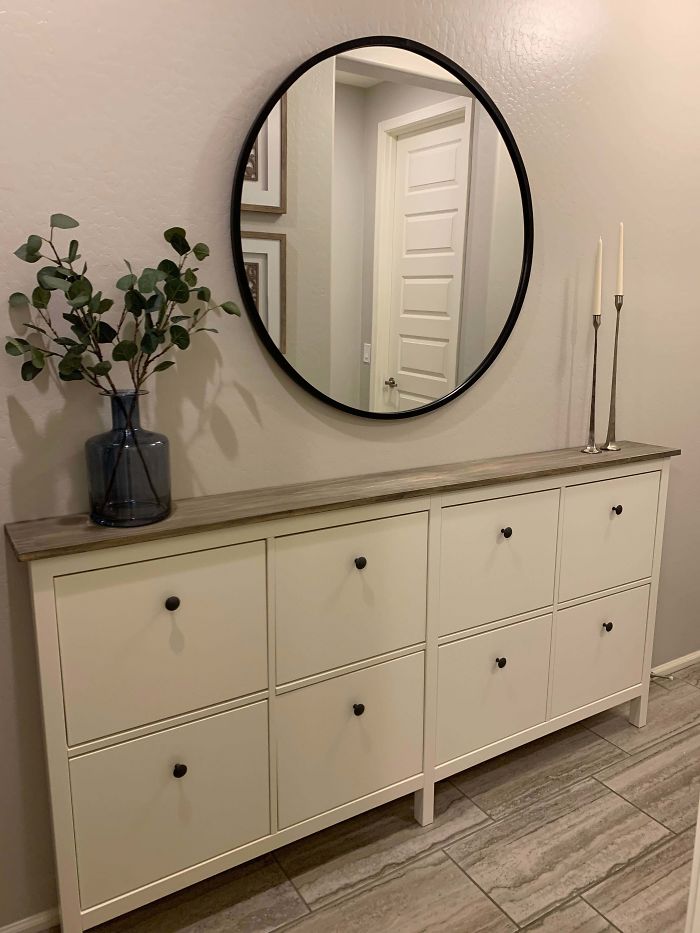 For Our Narrow Entryway, We Combined Two IKEA Hemnes Shoe Cabinets And Replaced The Original Tops With A Stained Wood Top. I Am So Happy With How This Hack Turned Out!