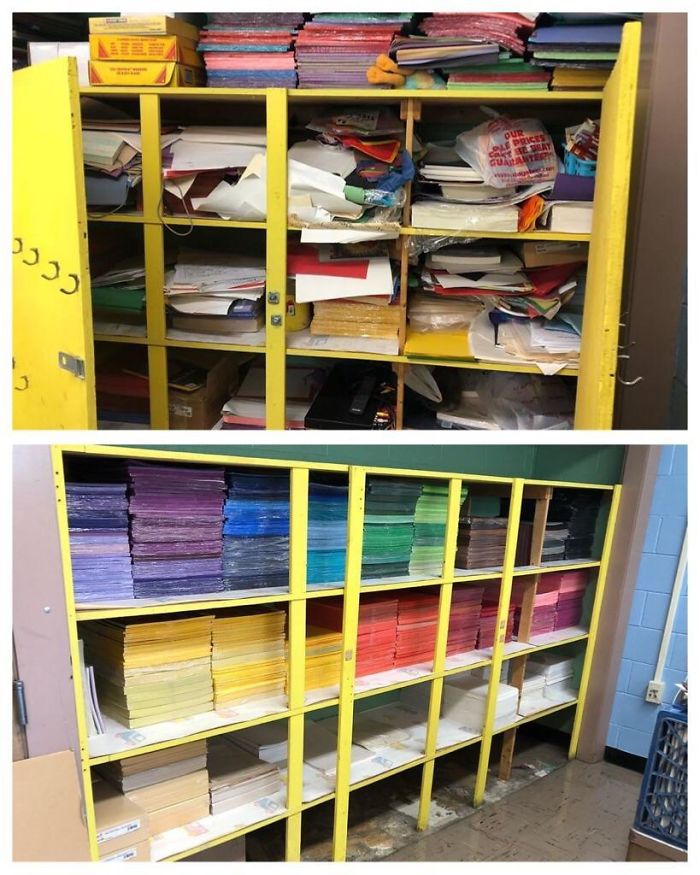 I’m An Art Teacher And I Moved To A New School This Past Summer. The Previous Teacher Did Not Share My Love Of Organization. Behold The Before And After Of My Paper Closet!
