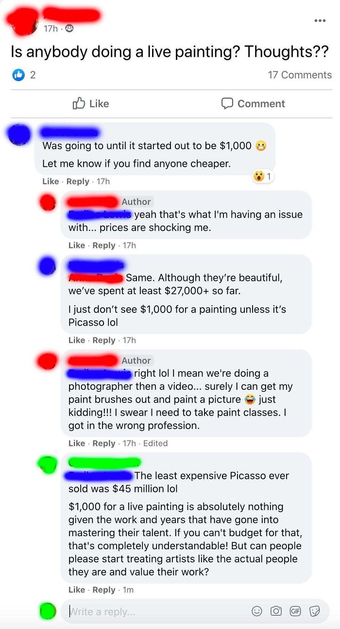 Karen Thinks Artists Are Ripping Her Off For Charging $1000 For A Live Painting Of Her Wedding Ceremony. Expects To Get A Literal Picasso For That Price