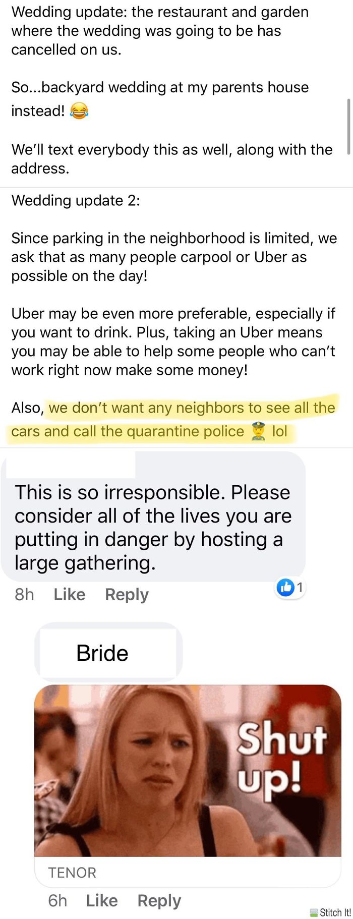 Bride Urges Guests To Uber To Her Wedding In Order To Avoid The “Quarantine Police”