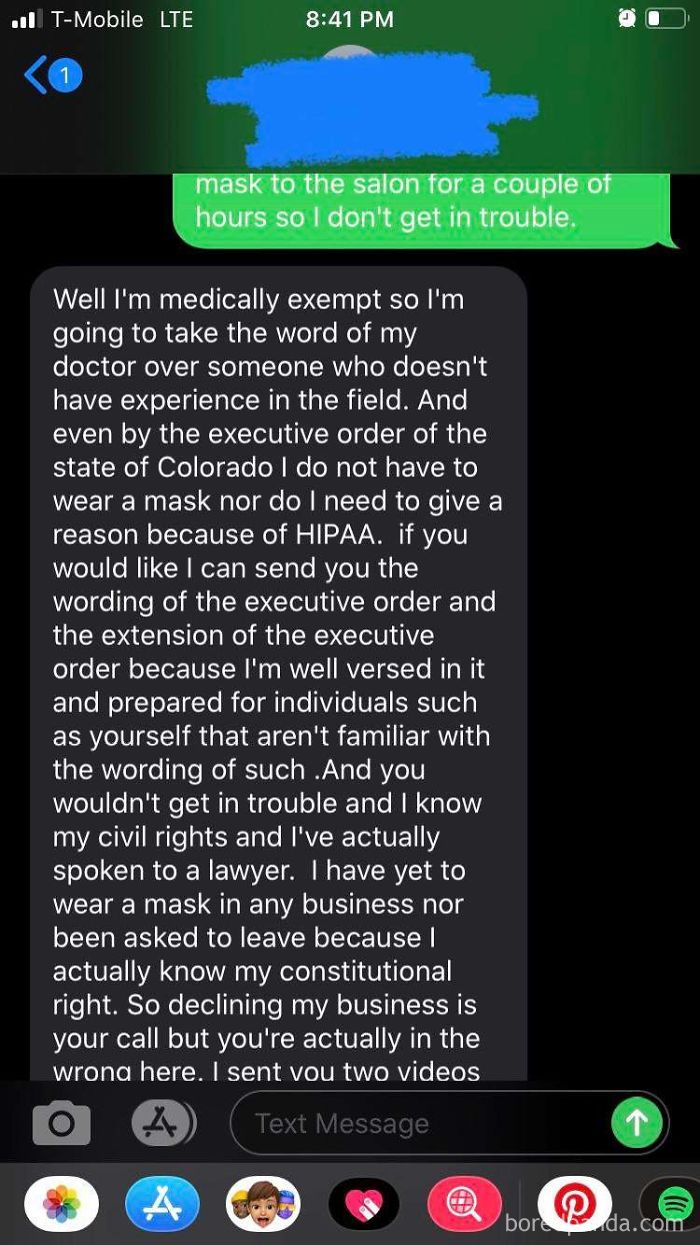 I’m A Hair Stylist. I Have A Client That Keeps Trying To Get An Appointment With Me But Refuses To Wear A Mask. Her Response Tonight