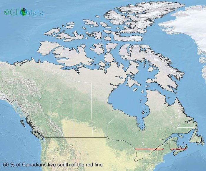 El 50% de los canadienses viven al sur de la línea roja