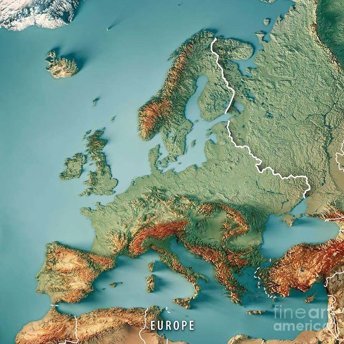 Mapa topográfico en 3D de Europa