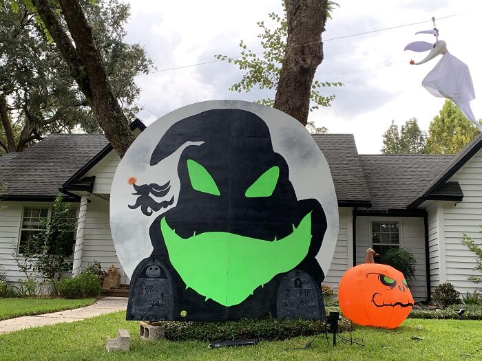 I Built And Painted An Oogie Boogie Halloween Decoration This Year. Breaks Down Into Four Pieces For Easy Storage.