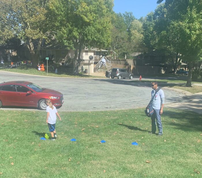 My Daughter Found Out That Our Mailman Used To Be A Pro Soccer Player And Started Asking Him For Tips. Yesterday He Helped Her Run Some Drills. He Did The Same Today