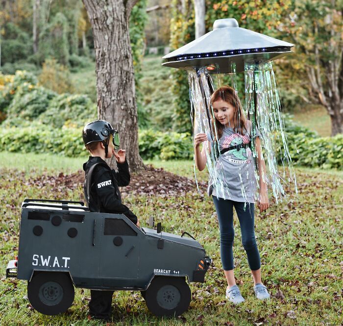 My Husband Finished Our Kids' Halloween Costumes This Week. A Swat Officer & An Alien Abduction