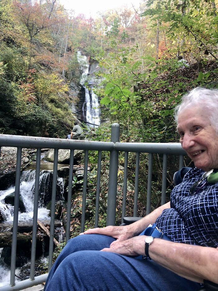 Tough Hike Pushing A Wheelchair, But Got Our 93-Year-Old Mom To See Her Very First Waterfall