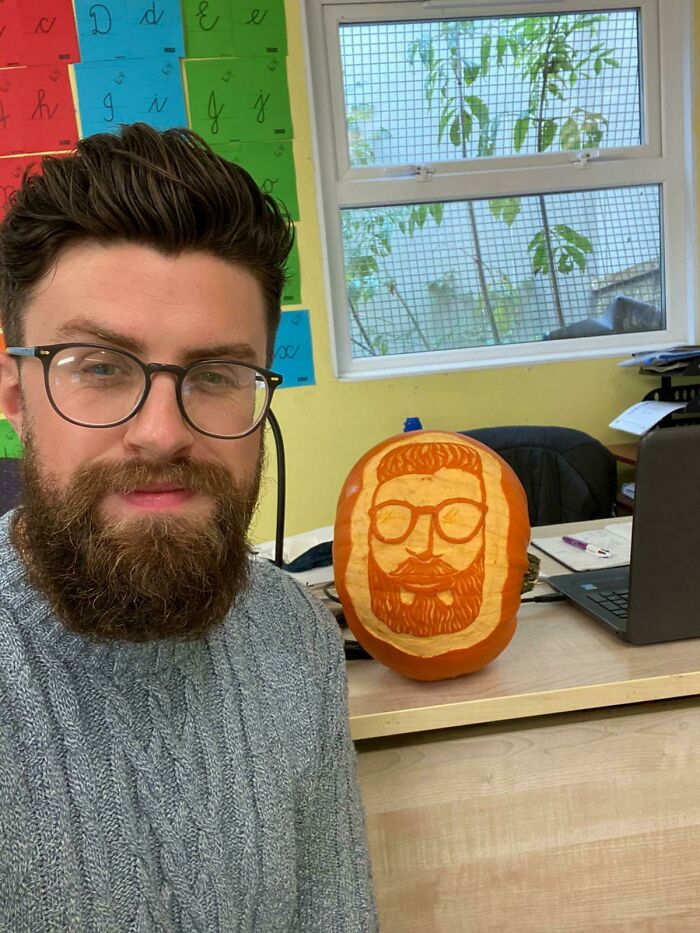 My Boyfriend Bet Me That I Couldn't Carve His Face Onto A Pumpkin Over The Weekend. He Ended Up Bringing It Into His Primary School Classroom And The Kids Absolutely Loved It