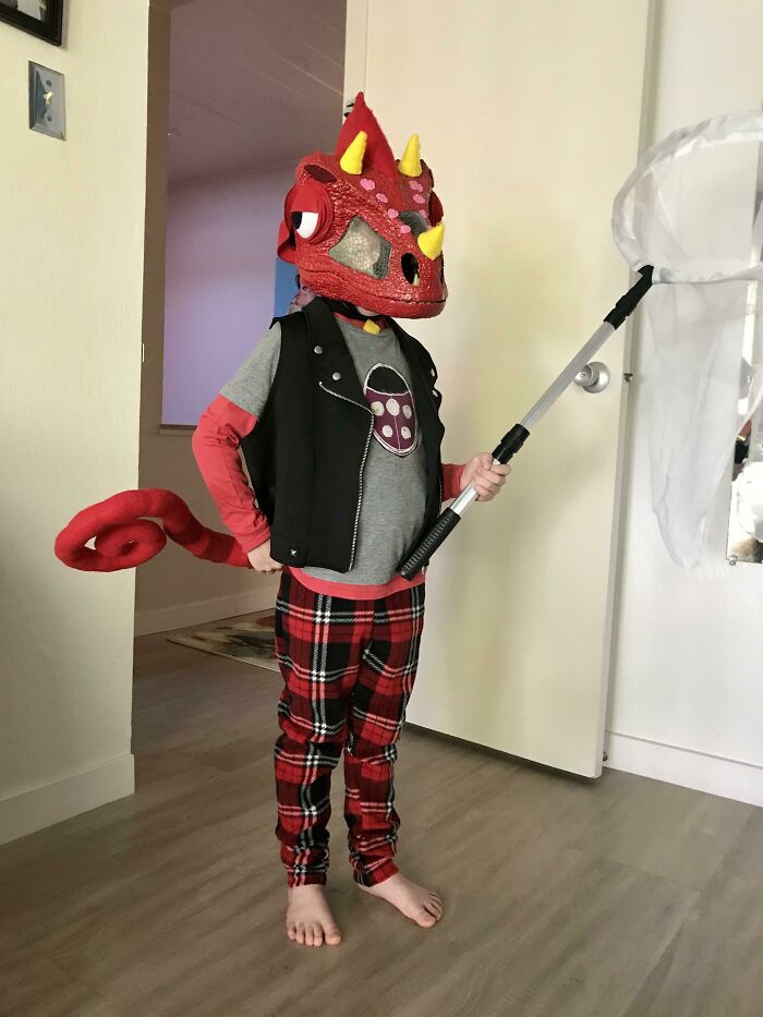 Our 6 Year Old As His Favorite Character Flick For Halloween. My Sister Made This Costume By Hand And The Mask Is A Modded Jurassic Park Raptor