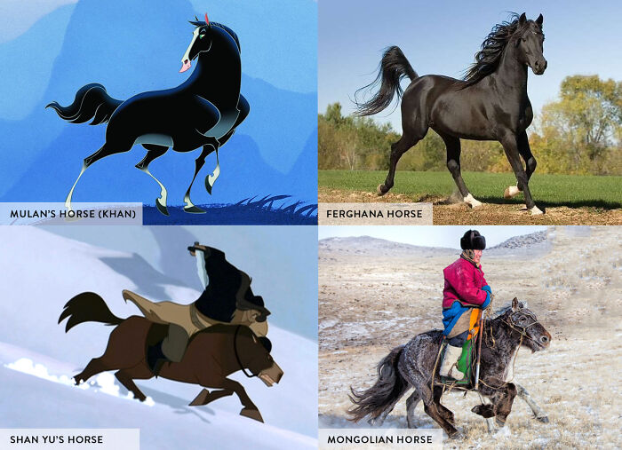 In Mulan (1998), Mulan's Horse Khan, Is A Ferghana Horse, A Classical Chinese Breed. On The Other Hand, Shan Yu's Horse Is A Mongolian Horse, One Of The Original Horse Breeds, Small, But Incredibly Strong