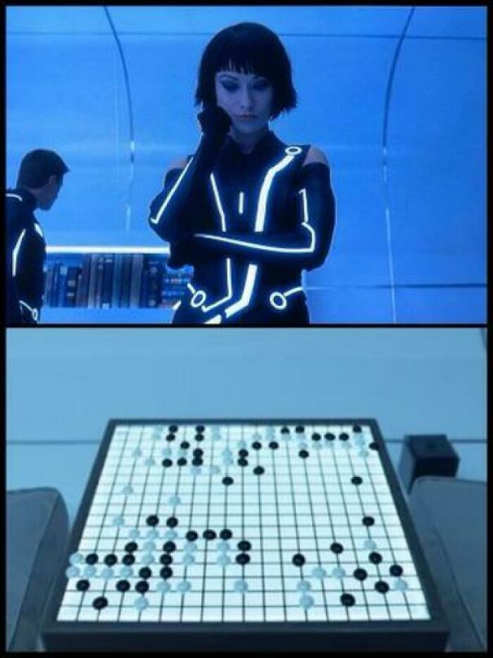 In “Tron: Legacy” (2010) Quorra, A Computer Program, Mentions To Sam That She Rarely Beats Kevin Flynn At Their Strategy Board Game. This Game Is Actually “Go”, A Game That Is Notoriously Difficult For Computer Programs To Play Well