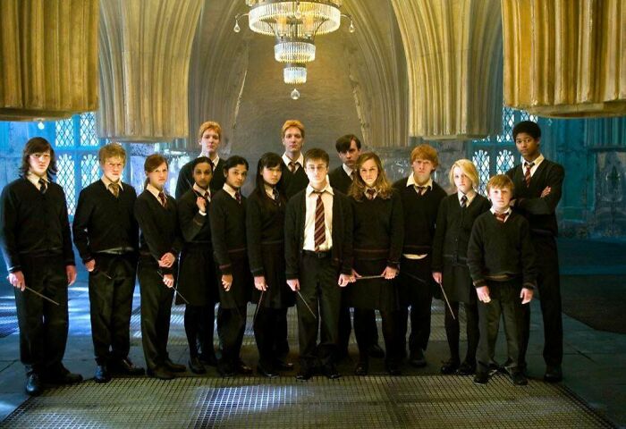 In Harry Potter And The Order Of The Phoenix (2007). Dumbledore's Army: All The Girls Are Wearing Skirts Except Ginny (3rd From Left) Who Is Wearing Pants; Probably A Hand-Me-Down From Her Brothers. (Good Going Costume Department)