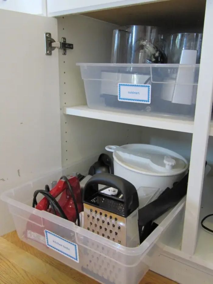 Stash Under-Bed Storage Bins In Your Deepest Cabinets To Make Everything Accessible, Even In The Back Of The Cabinets