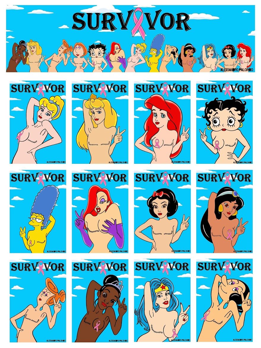 Disney Princesses And Famous Cartoon Characters As Breast Cancer Survivors