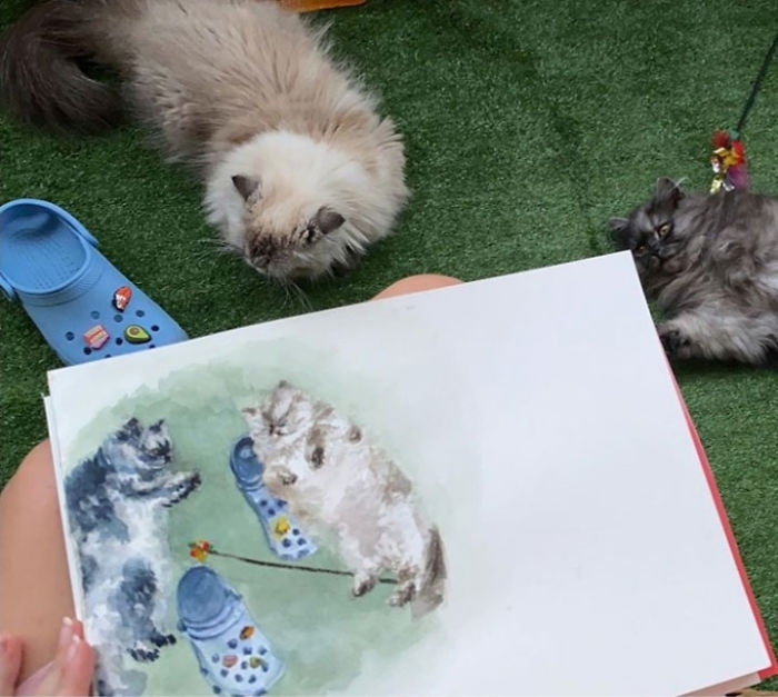 My Two Little Fluffy Friends Immortalised Playing Together, In Watercolor