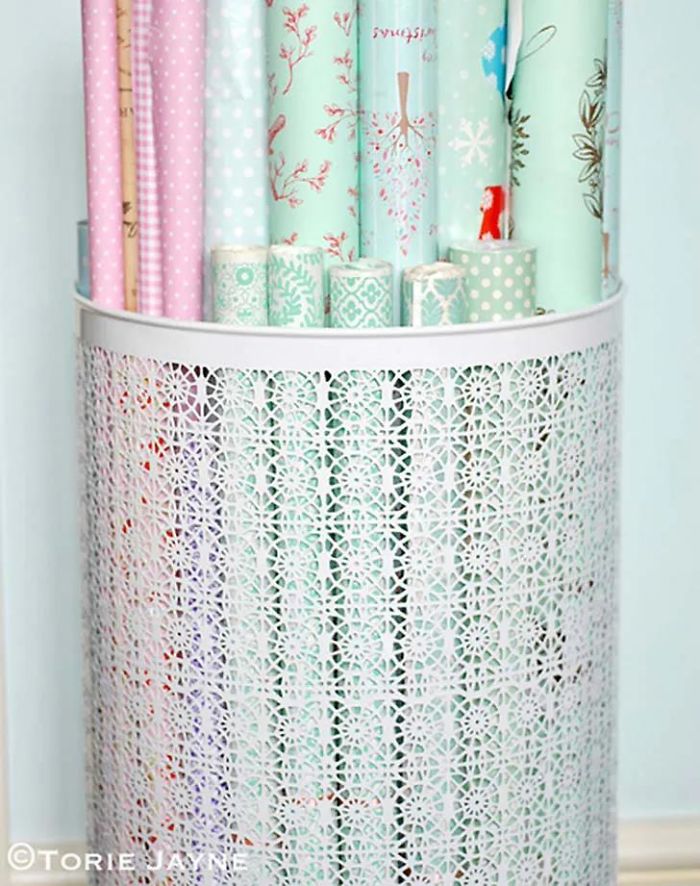 Store Wrapping Paper In A Decorative Hamper