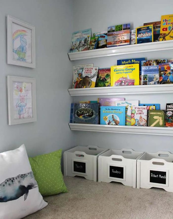Hang Rain Gutter Shelves To Store Kids Books