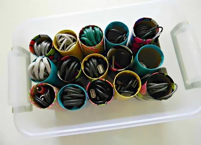 Tame Cords By Stuffing Them Inside Toilet Paper Rolls
