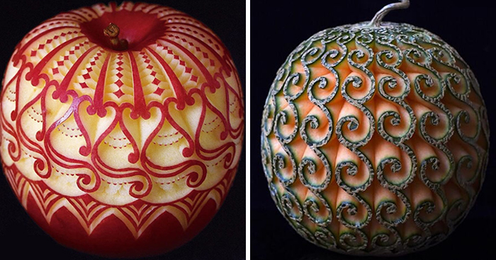 Artist Creates Beautiful Patterns On Fruits And Vegetables By Hand-Carving Intricate Designs