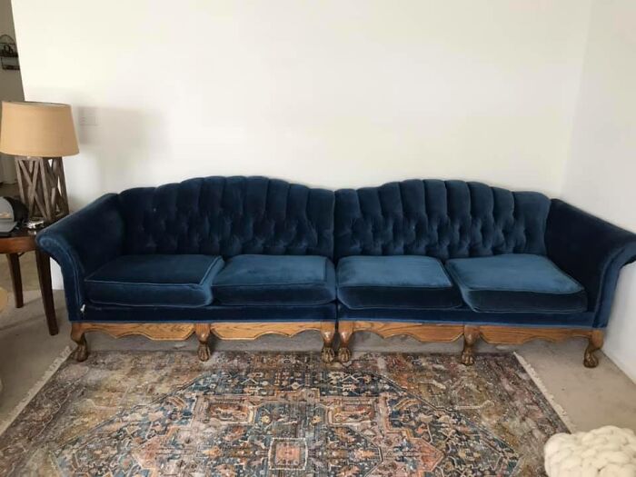 Found This Beauty Today At The Local Thrift Store! Look At How Cool The Claw Feet Are! Came With A Matching Coffee Table As Well. Been Looking For A Blue Velvet Couch For Awhile And Couldn’t Leave This Behind For $100!