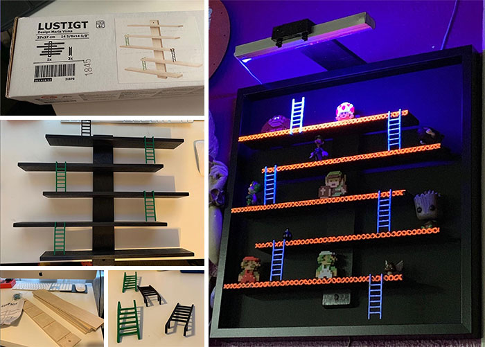 I Made This From IKEA Products (Except For The Paint And Black Light). It’s A Shelf To Hold My Partner’s Tiny Nintendo Toys. I Put It In A Ribba 19”x 19” Frame. I Had To Buy Two Of The Lustigt Shelves To Have Enough Ladders.
