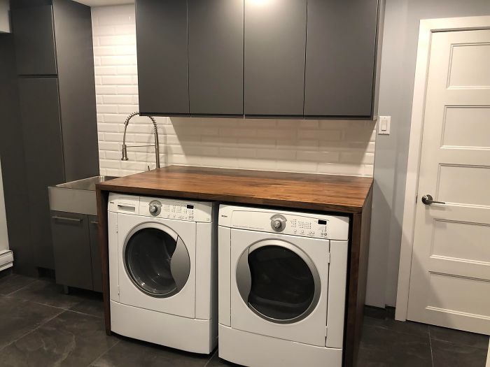 Used Karlby Countertops As Laundry Room Counter! Butt Joint The Counter Top To The Legs! Voxtorp Cupboards On The Top! Thoughts!
