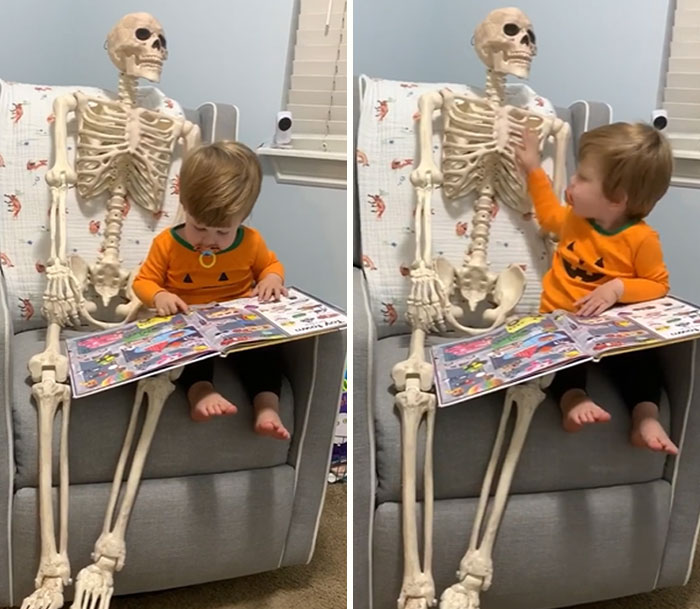 Toddler Befriends A Creepy Skeleton His Parents Got As A Halloween Decoration, Even Has It Watch Over Him As He Sleeps