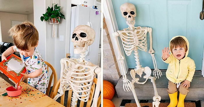 Toddler Befriends A Creepy Skeleton His Parents Got As A Halloween Decoration, Even Has It Watch Over Him As He Sleeps