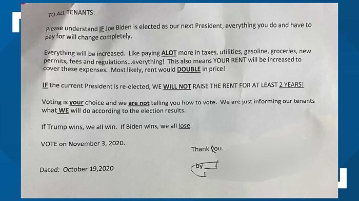 Landlord Makes It Clear That He Will Raise The Rent If Biden Gets Elected