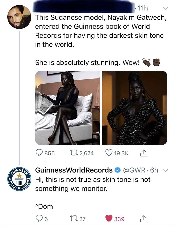 Claim That Model Has The Guinness World Record For Drakes Skin Tone. Guinness Replies