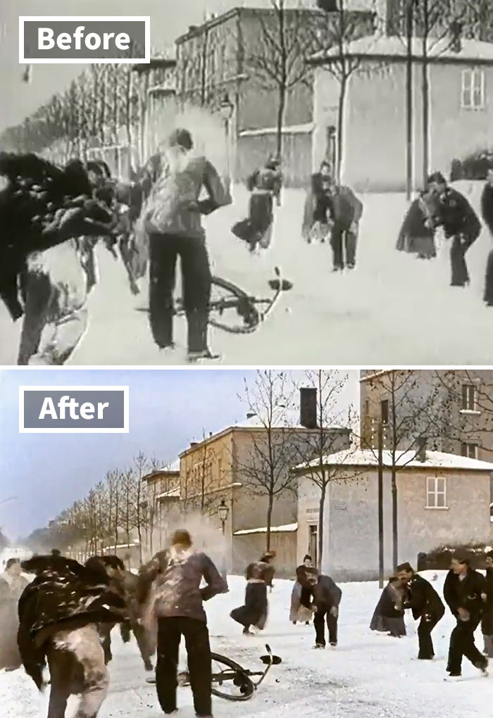 1896 B&W Film Of Snowball Fight in France is Colorized And Speed-Adjusted To Look Incredibly Modern
