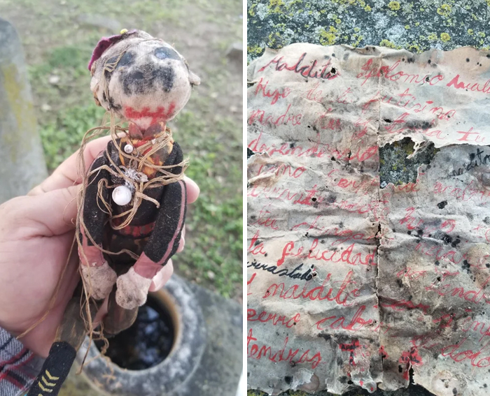 Found In A Cemetary While Geocaching. The Doll Was Wrapped In The Paper Which Was Wrapped In The Cloth Cross And Bound With Twine. Overall Very Creepy