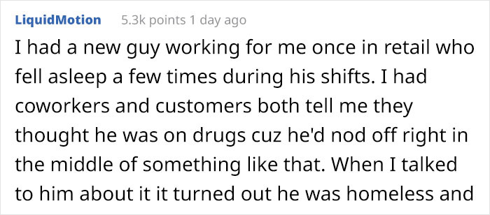 Retail Manager Helps Out His Homeless Employee Who’s Constantly Falling Asleep At Work, Gets Praised By 104K People On Reddit