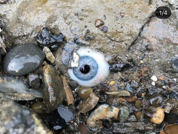 Ojo de cristal incrustado en una roca en la playa