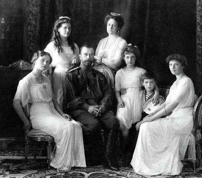 Nicholas II Of Russia With The Family (Left To Right): Olga, Maria, Nicholas II, Alexandra Fyodorovna, Anastasia, Alexei, And Tatiana. Livadiya, Crimea, 1913