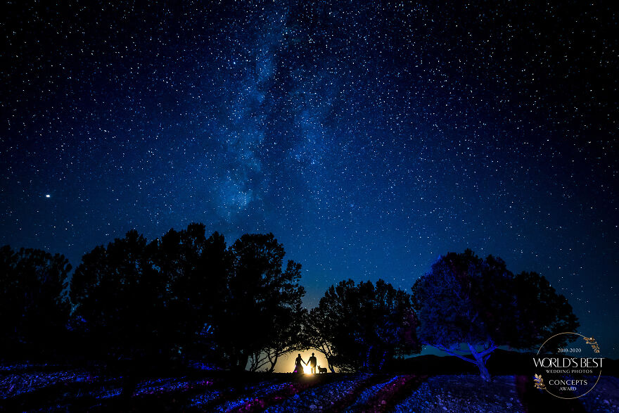 Couple And Puppy Against The Starry Night By J.La Plante