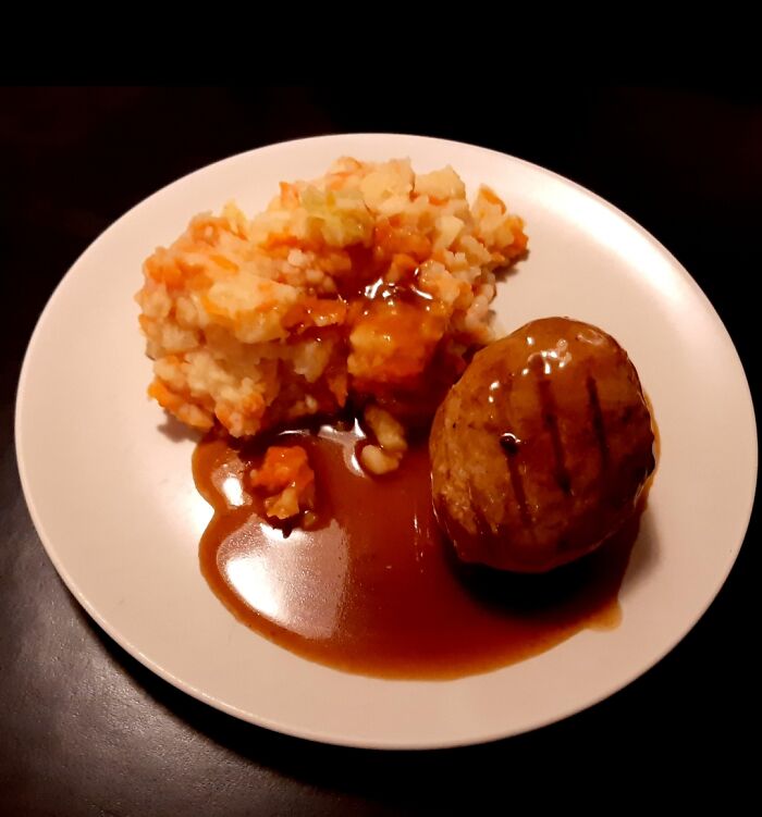 Typical Dutch Meal. Wortelstamp, Gehaktbal En Jus. (Carrot/Onion Mashed Potato, Meatball And Gravy).