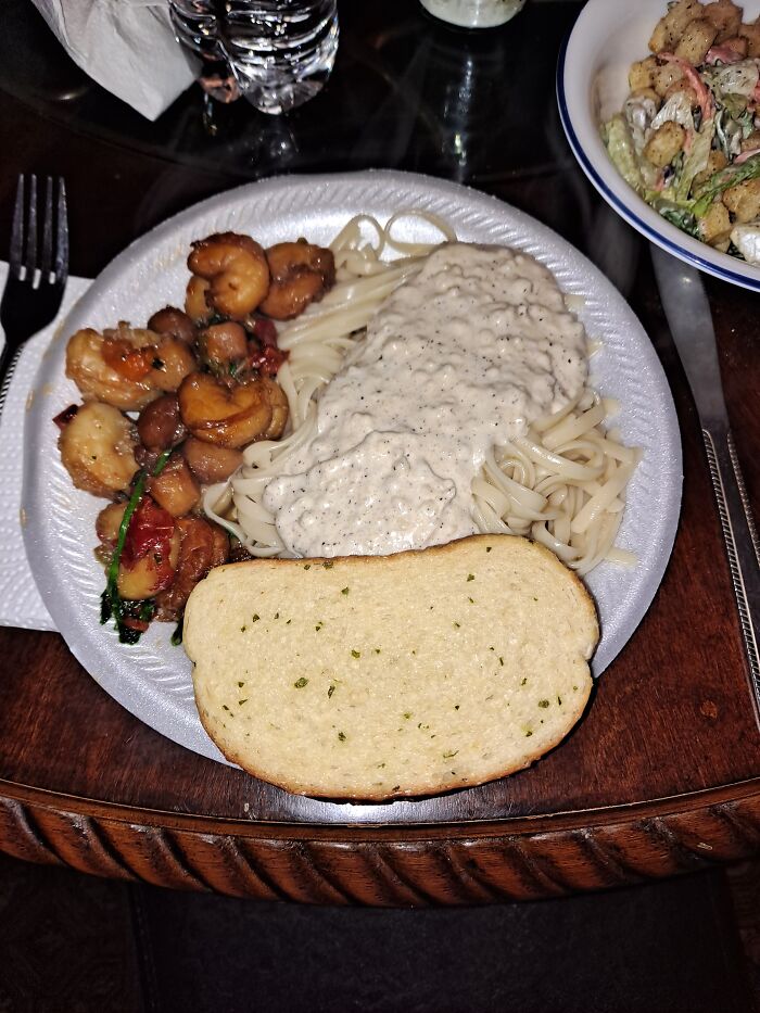 Plated Version Of My Shrimp &scallops In A Garlic Sauce. Served With Homemade Fettuccine Alfredo , Caesar Salad & Garlic Bread! Everyone Happy Now?