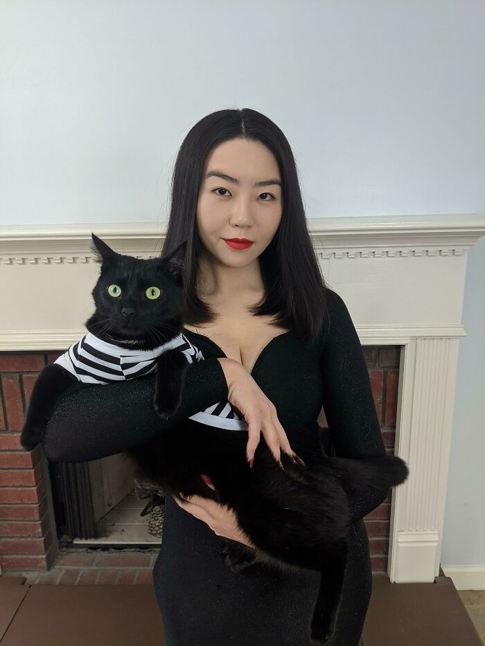 Me And My Cat Dressed Up As Morticia And Pugsley Addams